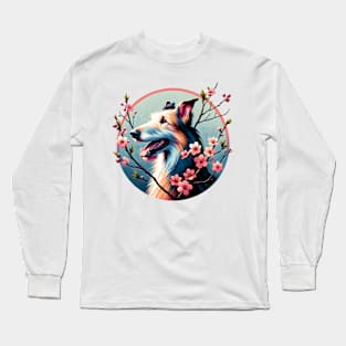 Joyful Irish Wolfhound Amidst Spring Cherry Blossoms Long Sleeve T-Shirt